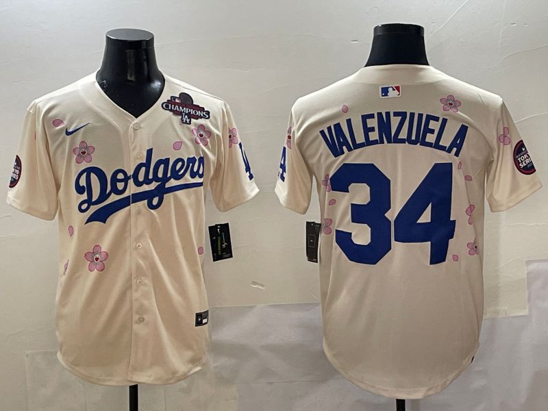 Men Los Angeles Dodgers #34 Valenzuela Cream White Blue Sakura Edition 2025 Nike MLB Jersey style 5